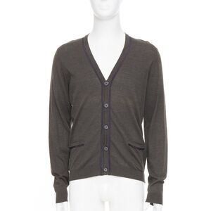 LANVIN 2015 grosgrain trim v-neck cotton merino wool button knit cardigan S